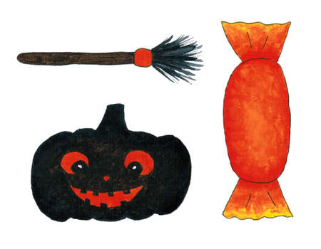 Set of Halloween funny prints. Hand drawn watercolor illustration. Witch broom, pumpkin face and candyの写真素材
