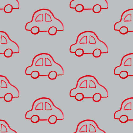 Seamless pattern with red cars on gray board. Cartoon background for Kids. Perfect for children fabric, textileの写真素材