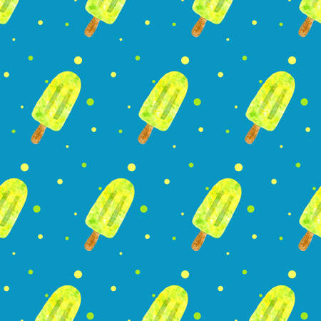 Seamless pattern with yellow ice cream on stick on blue board. Trendy hand drawn design for wrapping paper, textileの写真素材