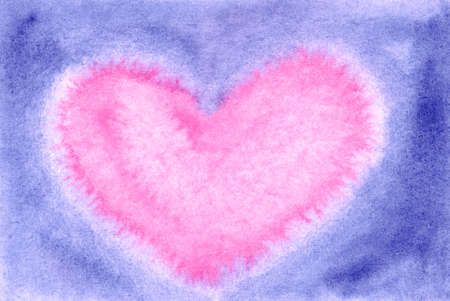 Pink heart on a blue background. Watercolor wet texture. Romantic purple illustration. Abstract art hand paintの写真素材