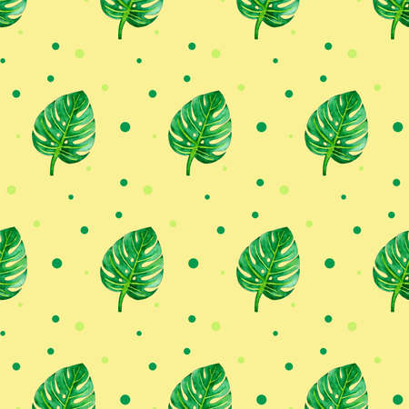 Seamless pattern with green leaves on yellow board. Monstera illustration. Hand drawn watercolor paintingの写真素材