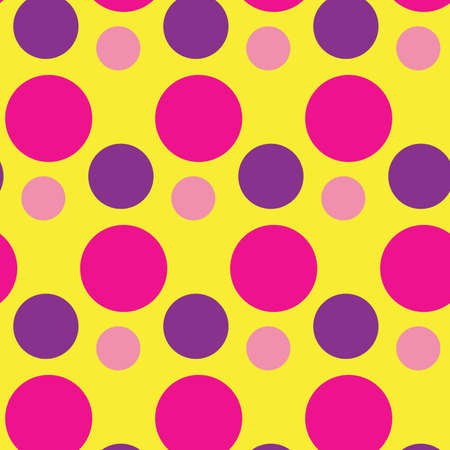 Seamless pattern with circles. Pink and purple rounds on yellow board. Romantic girly print. Print for textile, gift wrapping paper, cards, web and design. Simple minimalistic textureの写真素材