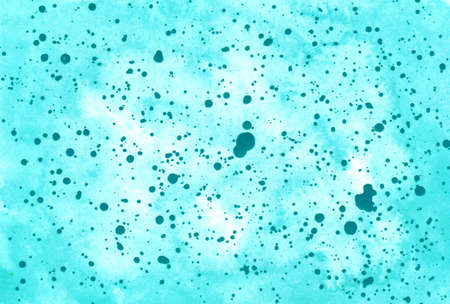 Water drops on blue background. Abstract art wallpaper. Hand drawn watercolor illustration. Azure and turquoise colors. Rain imitation. Romantic pattern. Watercolor painted blotsの写真素材