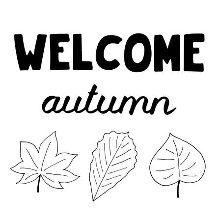 Autumn lettering, vector illustration. Hand drawn calligraphy composition with falling leaves. Fall card, welcome autumn. Typography, lettering, handwritten phrase for cards, banner, posterのイラスト素材