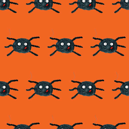 Halloween seamless pattern with funny cartoon spider. Endless texture for wallpaper, web page background, wrapping paper. Flat style. Black smiling spider with tongue on orange boardの写真素材