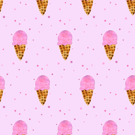 Seamless pattern with pink strawberry ice cream cone on pink board. Trendy hand drawn design for wrapping paper, textile, packaging. Hand drawn print. Sweet summer dessertの写真素材
