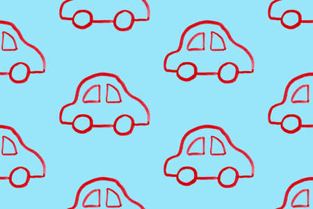 Seamless pattern with red cars on blue board. Cartoon background for Kids. Perfect for children fabric, textile, nursery wallpaper. Classic car hand drawn pattern. Endless designの写真素材