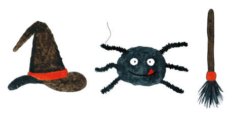 Set of Halloween funny prints. Hand drawn watercolor illustration. Witch hat, broom and cartoon spider. Design elements for Halloween isolated on white. Symbols of witchcraft.の写真素材