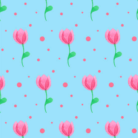 Seamless pattern with fantasy pink flowers. Hand drawn watercolor tulips. Spring illustration. Beautiful print for textile, greeting cards, wrapping paper, decor and design. Celebration styleの写真素材