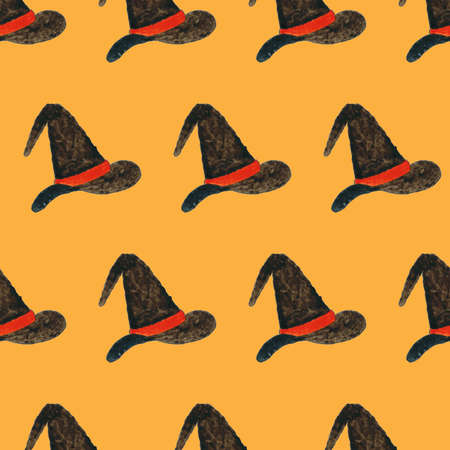 Seamless pattern with watercolor witch hat on yellow board. Design element for Halloween. Symbol of witchcraft. Magician or wizard hat. Print for textile, greeting cards, wrapping paper, decor, designの写真素材