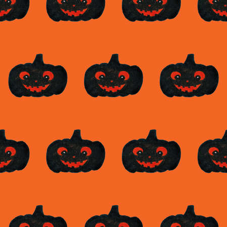 Halloween seamless pattern with smiling pumpkins. Black and orange colors. Print for textile, greeting cards, wrapping paper, decor, design. Holiday background. Symbol of witchcraftの写真素材
