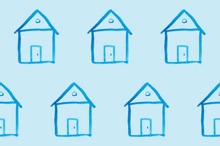 Seamless pattern with blue house icon on blue backboard. Cartoon style baby illustration. Architecture, construction, village, homepage. Creative kids city texture for fabric, wrapping or textileの写真素材