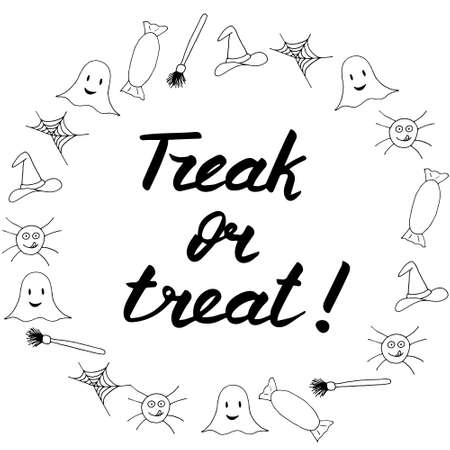 Halloween lettering, vector illustration. Black text isolated on white board with frame of different elements. Treak or treat phrase. Hand drawn quote for print, cards, decoration. Calligraphicのイラスト素材