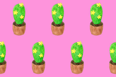 Seamless pattern with green cactuses in pots. Cartoon style print. Funny illustration. Funny watercolor doodle art. Children hand drawn picture. Positive summer illustration. Doodling style. Jpg fileの写真素材