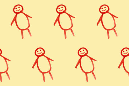 Seamless pattern with doodle man on yellow board. Childrens cute illustration. Cartoon style baby print. Creative kids texture for fabric, wrapping, textile, wallpaper, apparelの写真素材