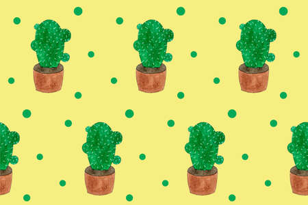 Seamless pattern with green cactuses in pots. Cartoon style print. Funny illustration. Funny watercolor doodle art. Children hand drawn picture. Positive summer illustration. Doodling style. Jpg fileの写真素材