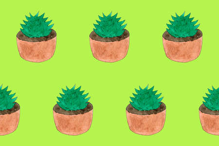 Seamless pattern with green cactuses in pots. Cartoon style print. Funny illustration. Funny watercolor doodle art. Children hand drawn picture. Positive summer illustration. Doodling style. Jpg fileの写真素材