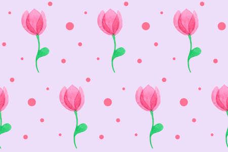 Seamless pattern with fantasy pink flowers. Hand drawn watercolor tulips. Spring illustration. Beautiful print for textile, greeting cards, wrapping paper, decor and design. Celebration styleの写真素材