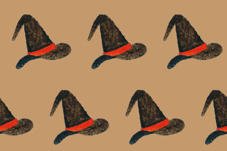 Seamless pattern with watercolor witch hat on beige board. Design element for Halloween. Symbol of witchcraft. Magician or wizard hat. Print for textile, greeting cards, wrapping paper, decor, designの写真素材