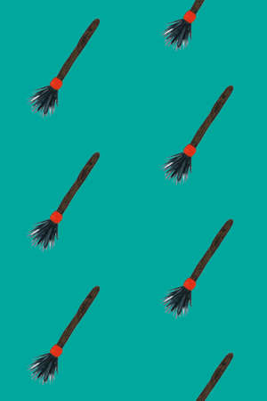 Seamless pattern with witchs broom. Halloween illustration. Brown and orange colors on blue board. Halloween costume. Design element for Halloween. Symbol of witchcraft. Endless design. Jpg fileの写真素材