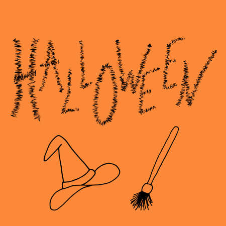 Halloween lettering, vector illustration. Black text isolated on orange board with different elements. Witch hat and broom. Hand drawn quote for print, cards, decoration, seasonal designのイラスト素材