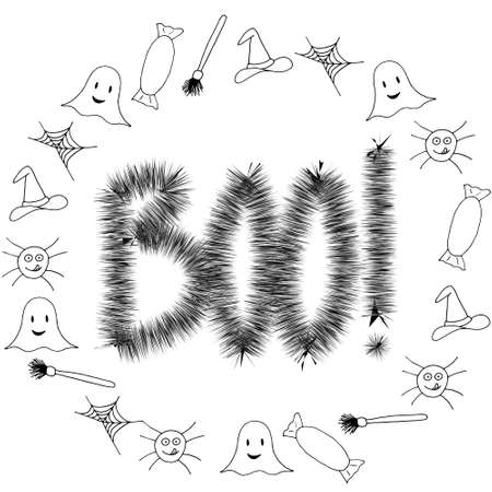 Halloween lettering, vector illustration. Black text isolated on white board with frame of different elements. Boo phrase. Hand drawn quote for print, cards, decoration. Calligraphic Inscriptionのイラスト素材