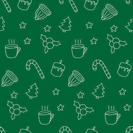 Winter doodle seamless pattern. White elements on green board. Cute hand drawn print. Candle, candy, cup, hat, stars, berries and Christmas tree. Good for wallpaper, textile, gift wrap. Endless designの写真素材