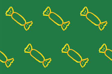 Seamless pattern with simple candy. Yellow picture on green board. Doodle illustration. Childs drawing. Cartoon background for Kids. Perfect for children fabric, textile, nursery wallpaperの写真素材
