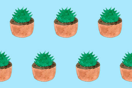 Seamless pattern with green cactuses in pots. Cartoon style print. Funny illustration. Funny...