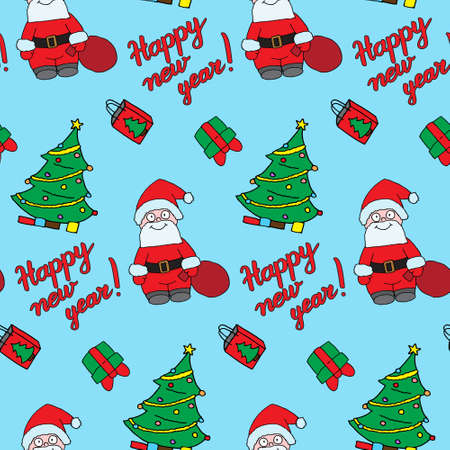 Merry Christmas and Happy New Year vector seamless pattern. Cute illustration in doodle style. Santa Clause, mistletoe and gifts. Creative print for clothes, web, greeting cards, gift wrap, designのイラスト素材