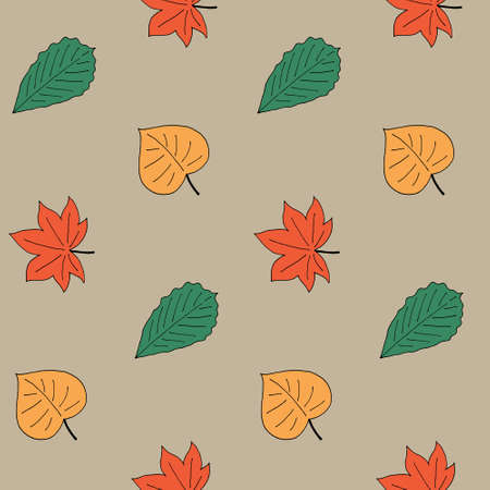 Autumn style seamless pattern with different leaves. Birch, maple and oak. Yellow, green and orange colors. Fall card, print for fabric, wallpaper, textile, gift wrap and clothes. Endless designのイラスト素材