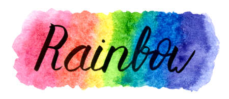 Beautiful lettering on watercolor board. Rainbow. Black hand drawn word with colorful blot isolated on white background. Template for Happy birthday, party invitation, greeting card, web, postcardの写真素材