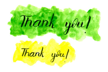Positive lettering, thank you phrases with green and yellow watercolor blots. Beautiful print for design. Creative print for clothes, web, greeting cards, gift wrap. Handwritten phrase for designの写真素材