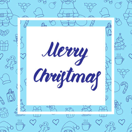 Merry Christmas, beautiful greeting card in blue tones. Calligraphy inscription on seamless pattern background. Can be used as print for textile, wallpaper, gift wrap. Winter holiday elementsのイラスト素材