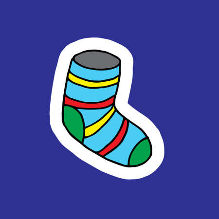 Cute warm sock for Christmas, doodle style positive illustration. Happy new year decoration, winter holiday print. Hand drawn vector illustration. Cartoon colorful design for children.のイラスト素材