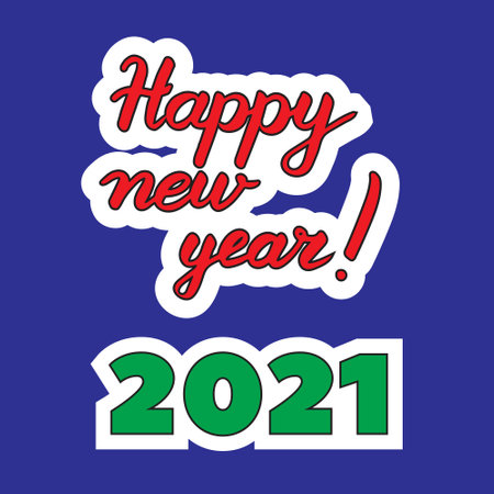 Christmas lettering. Happy new year, 2021 phrase. Red and green hand drawn letters with stroke isolated on white. Vector illustration. Hand drawn quote for cards, decoration, seasonal designのイラスト素材
