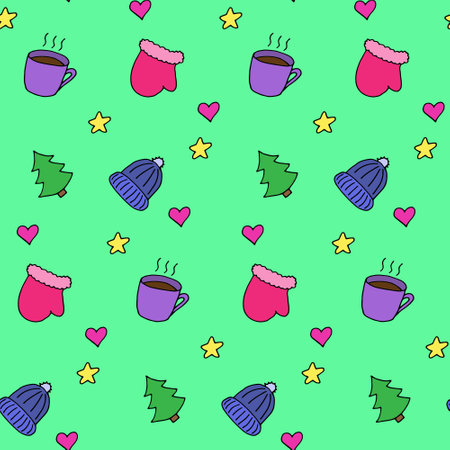 Seamless pattern in winter style, vector illustration. Colorful elements on green board. Beautiful print for textile, greeting cards, wrapping paper, decor. Endless design. Creative backgroundのイラスト素材