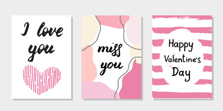 Set of 3 Valentines day cards. Trendy prints in pink colors with hand drawn phrases. Lettering compositions. Greeting postcards in simple style. Romantic doodle illustration. Seasonal design, posterのイラスト素材