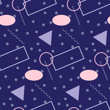 Seamless pattern in minimalistic geometric style. Pink, purple, violet and blue colors. Memphis style retro print. Abstract doodle background. Endless design. Print for textile, fashion and decor.のイラスト素材