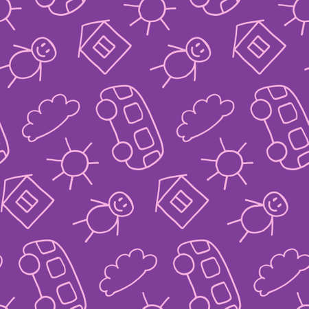 Vector seamless pattern in doodle style. Kids drawing. Scandinavian style print. Cute cartoon illustration. Creative childish background for fabric, textile, wallpaper, clothes, gift wrap.のイラスト素材
