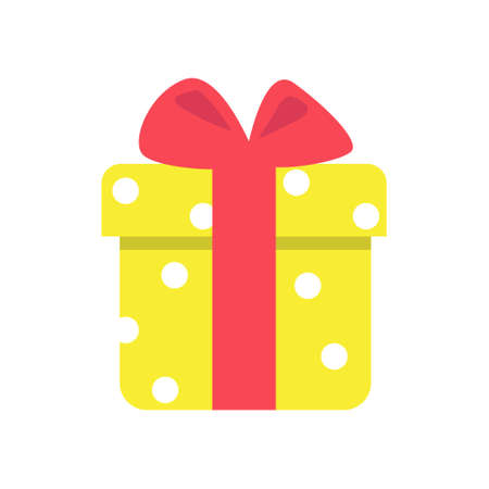 Yellow gift box with red ribbon, vector illustration in cartoon flat style. Colorful wrapped. Sale, holidays, shopping concept. Colorful design isolated on whiteのイラスト素材