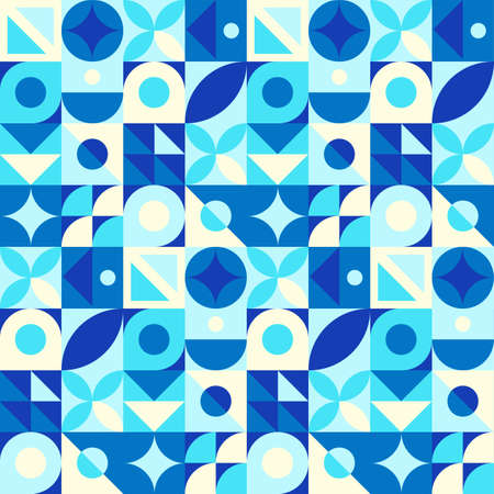 Abstract geometric seamless pattern. Neo geo style print, vector illustration. Simple repeating lines and shapes mosaic background. Blue, white and beige colors. Endless design for textile, gift wrap.のイラスト素材