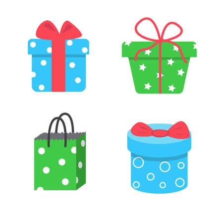 Set of different gift boxes and bags, vector illustration in cartoon flat style. Colorful wrapped. Sale, holidays, shopping concept. Blue, green and red colors. Colorful design isolated on whiteのイラスト素材