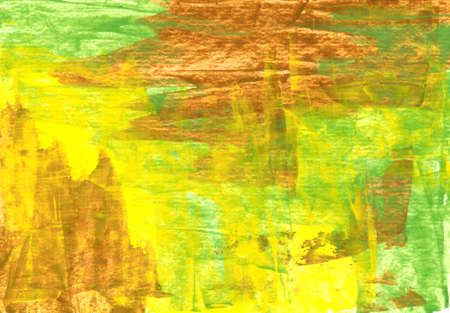 Abstract hand drawn colorful and texture background. Yellow, green and brown colors mixed together. Abstract lines and blots. Interior picture, modern art. Beautiful creative printの写真素材