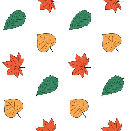 Autumn style seamless pattern with different leaves. Birch, maple and oak. Yellow, green and orange colors. Fall card, print for fabric, wallpaper, textile, gift wrap and clothes. Endless designのイラスト素材