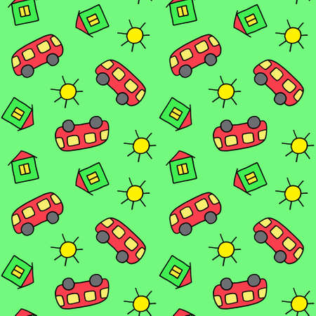 Cute seamless pattern for children. Bus, house and sun. Colorful print. Doodle style illustration. Print for cards, invitations, baby shower, wrapping paper, textile, clothes and room decorationのイラスト素材