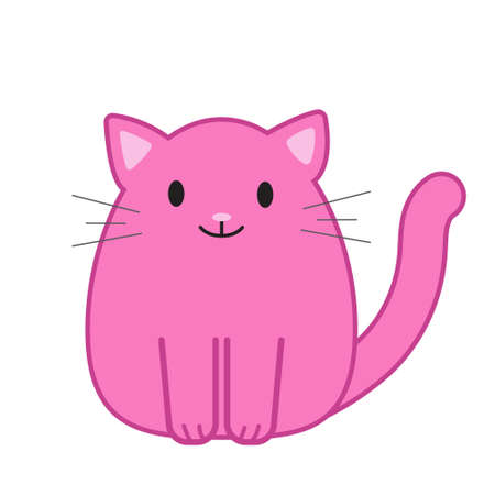 Funny cartoon pink cat, cute vector illustration in flat style. Smiling fat kitten. Positive print for sticker, cards, clothes, textile, design and decorのイラスト素材