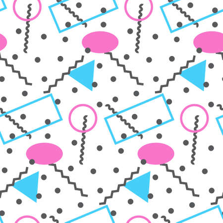 Seamless pattern in minimalistic geometric style. Pink, blue, yellow and black colors. Memphis style retro print. Abstract doodle background. Endless design. Print for textile, fashion and decorのイラスト素材