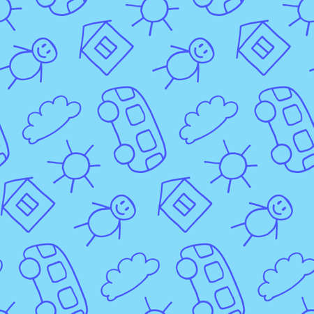 Vector seamless pattern in doodle style. Kids drawing. Scandinavian style print. Cute cartoon illustration. Creative childish background for fabric, textile, wallpaper, clothes, gift wrapのイラスト素材