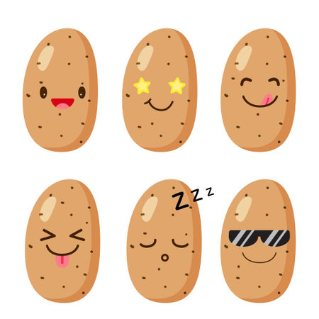Set of potato emojis. Kawaii style icons, vegetable characters. Vector illustration in cartoon flat style. Set of funny smiles or emoticons. Good nutrition and vegan concept. illustration for kids.のイラスト素材